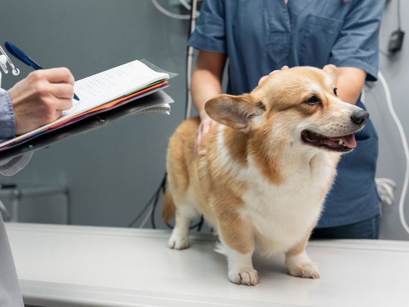 Dog being examined by a vet and vet staff Dog being examined by a vet and vet staff