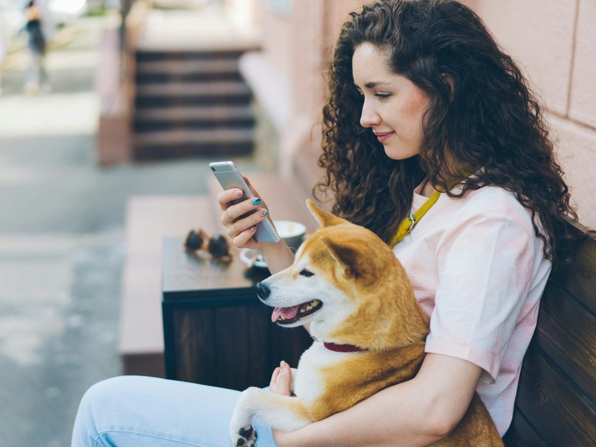 lady sitting while holding her dog and watching her phone